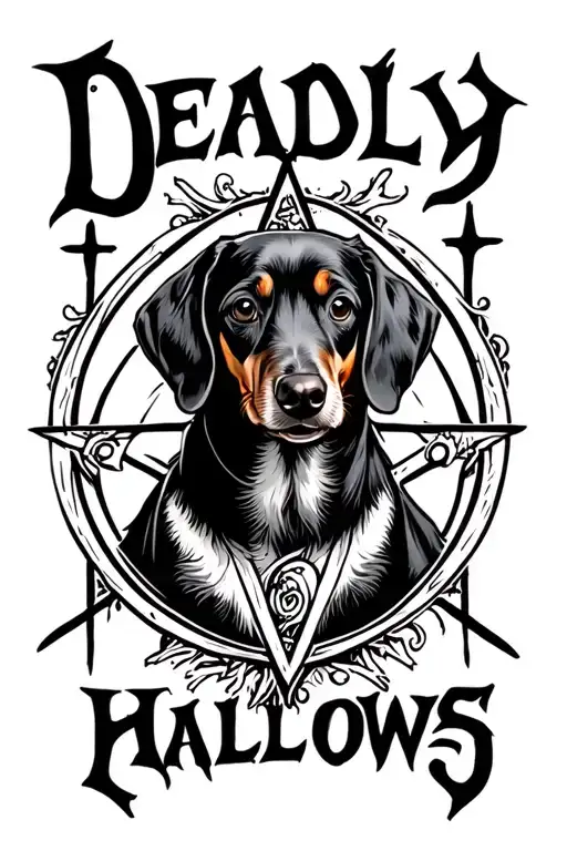 Deadly hallows logo with a dachshund patron saint tattoo design idea