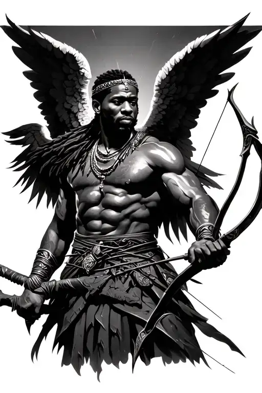 African man angel warrior holding bow and arrow realism tattoo design idea