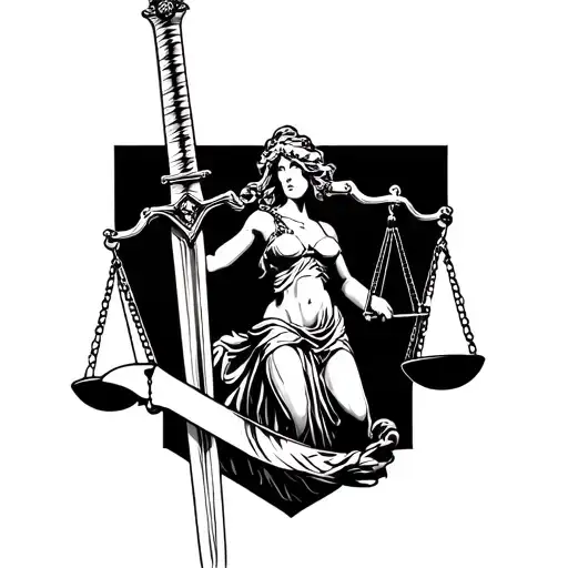 lady justice forearm tattoo design with the equality scale as a long sword behind her almost like a stripper pole tattoo design idea