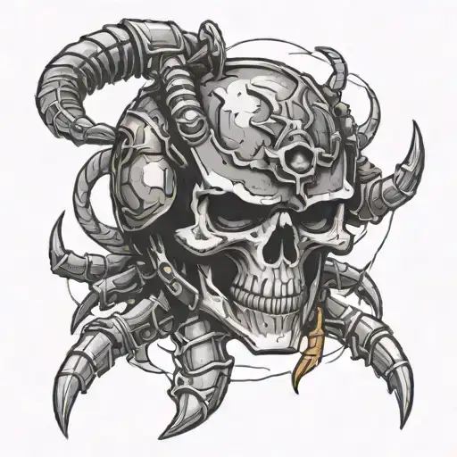 scorpion with humanskull as face soldierstyle scorpion scissor is an minigun  ammo belt Militäryhelmet tattoo design idea