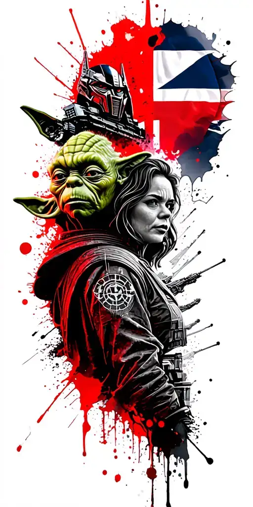 include elements: yoda, x wing fighter, optimus prime, aussie flag, beautiful lady face, ewok tattoo design idea