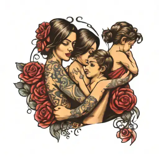mother with son & daughter holding hands tattoo design idea