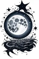 A fulll moon and stars inbetween Orion's constellation with wind blowing around it tattoo design idea
