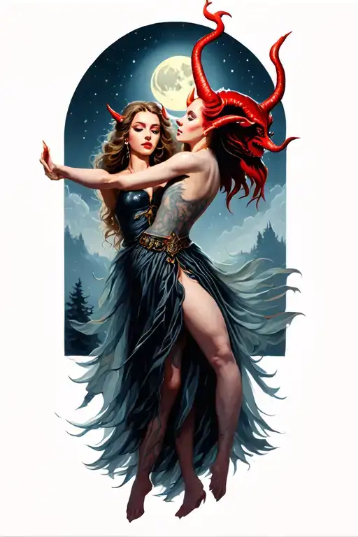 dance with female devil in moon light  tattoo design idea