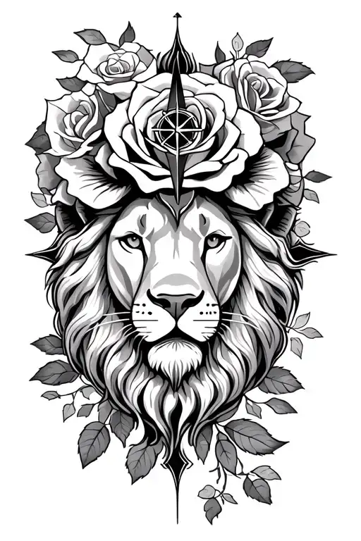 roses, lion, compass, time, cross tattoo design idea