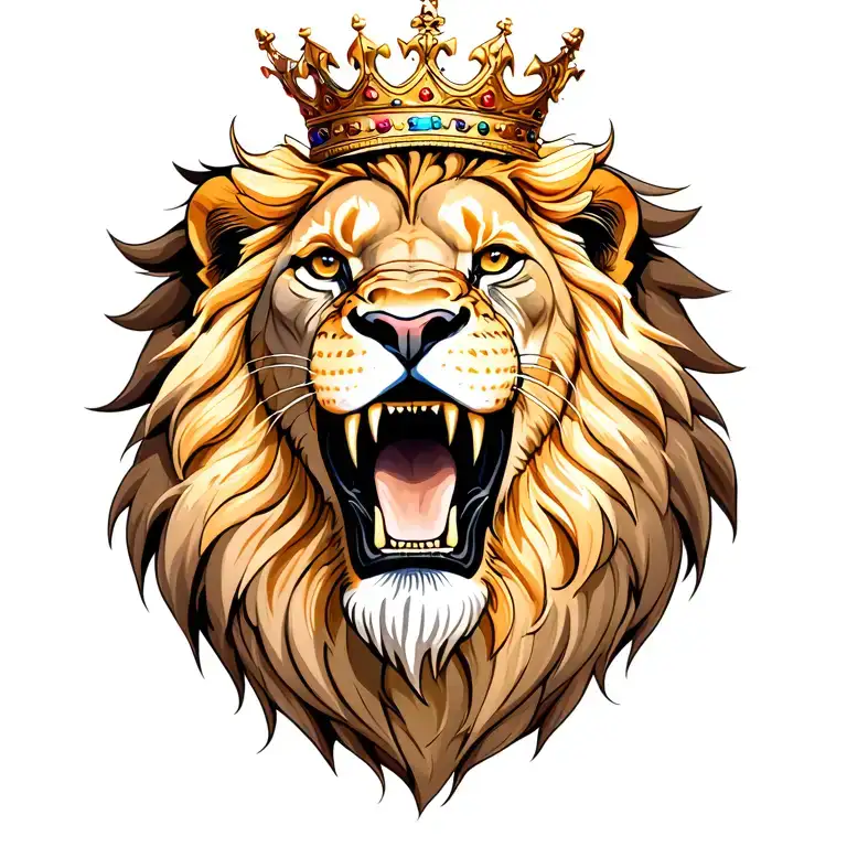 Leo lion with a king crown showing its teeth and claws for back neck and arms tattoo design idea