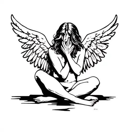 fallen angel sitting crying tattoo design idea