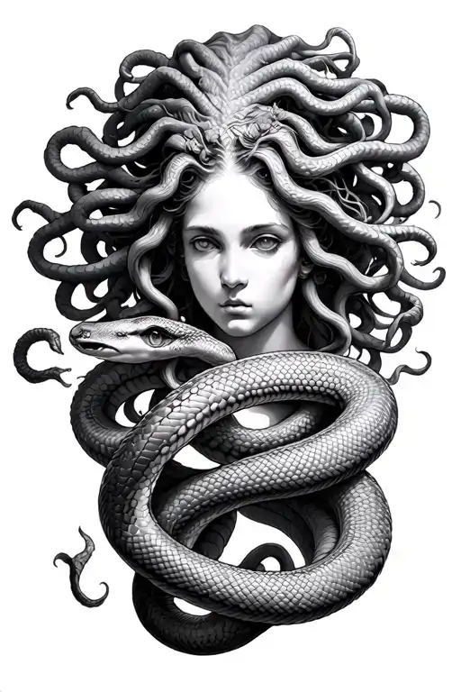 medusa greek mythology, snakes wrapping tattoo design idea