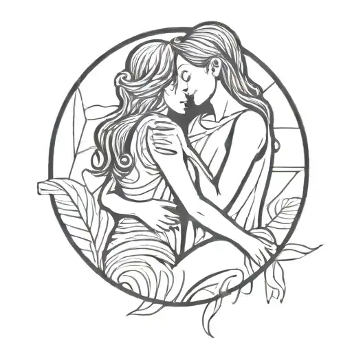 two lesbian huggin each others style like a  tarot card tattoo design idea
