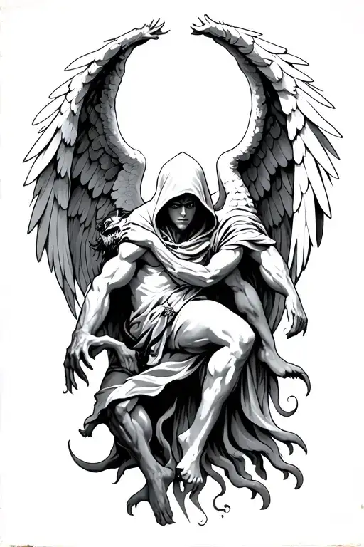 hooded arch angel defeating a demon tattoo design idea