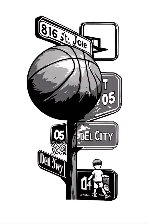 Basketball on shoulder with path way leading up to it, street signs with 816 St Joe and 405 Del City with a kid at end  tattoo design idea