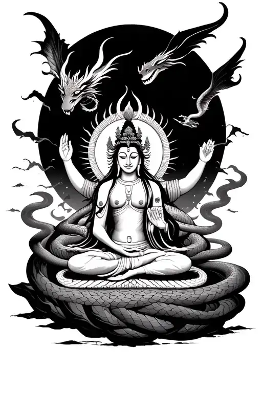 kali in the center rapped with a snake budda sitting inside , a dragon flying around and a human touch the mountain top  tattoo design idea