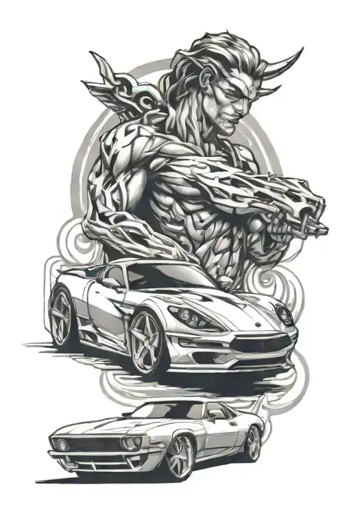 Design a tattoo showcasing a sleek sports car morphing into a powerful god-like figure tattoo design idea