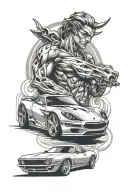 Design a tattoo showcasing a sleek sports car morphing into a powerful god-like figure tattoo design idea