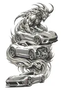 Design a tattoo showcasing a sleek sports car morphing into a powerful god-like figure tattoo design idea