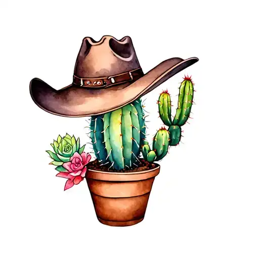 Cacti and succulents growing with cowboy hat as a pot tattoo design idea
