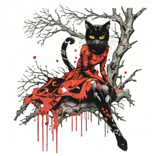 a black cat with a ballerina on a dead oak tree tattoo design idea