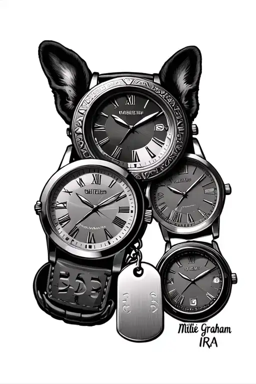 "Millie Graham Ira" three watches with military dog tags intertwined tattoo design idea