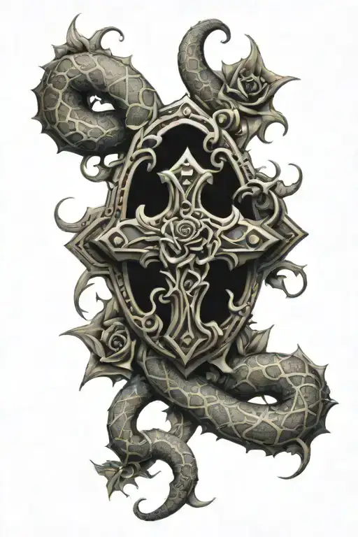 a 3D cross with a snake covered in rose thorns around it tattoo design idea