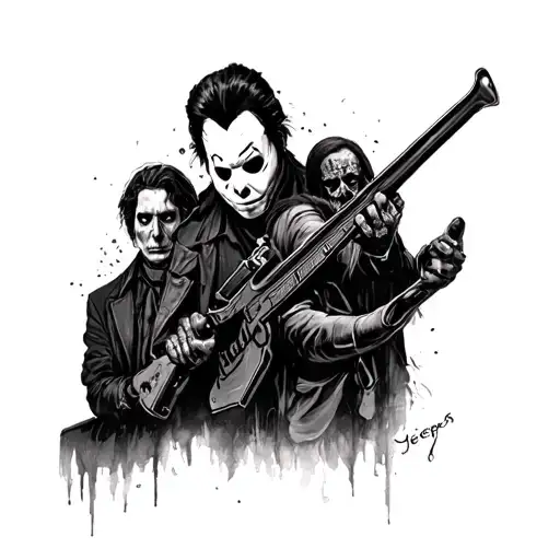 Horror scene with multiple horror icons:Michael Myers from Halloween, The bad guy from The Collector, the Jeepers Creep tattoo design idea