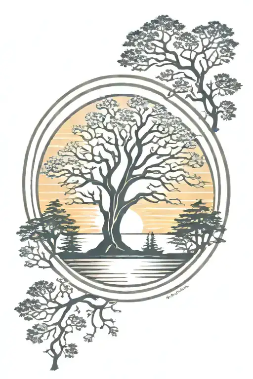 Campbell Clan crest using trees colors sunset over lake tattoo design idea