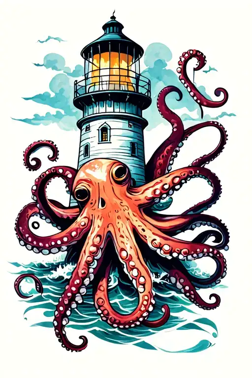 Lighthouse wrapped in octopus tattoo design idea