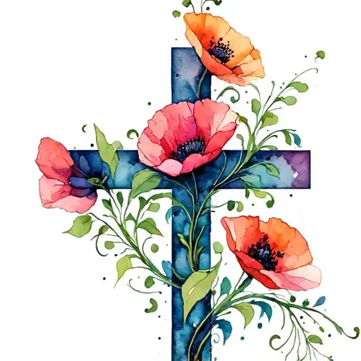 thin cross with poppy flowers and vines wrapping tattoo design idea