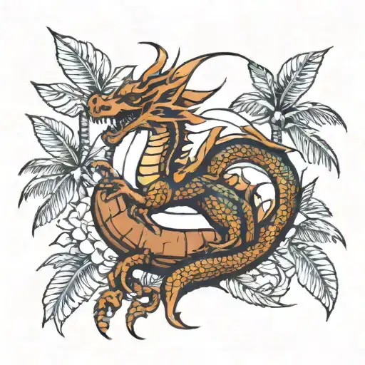 dragon across coconut tree tattoo design idea