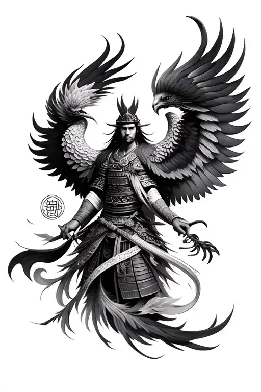 Samurai, phoenix, mandala. Hyper realistic black tattoo design idea