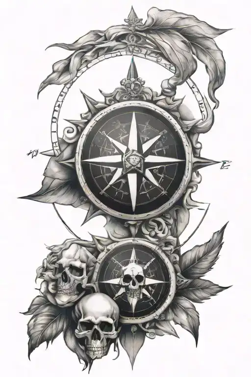 compass with south africa and australia skulls tattoo design idea