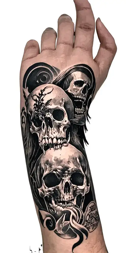 Music sleeve with bands like Bad Omens, Sleep Token, Black Veil Brides, Peirce the Veil, Twenty One Pilots. tattoo design idea