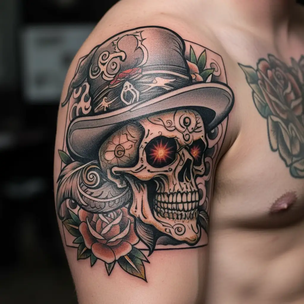 evil Louisiana voodoo skull wearing a hat tattoo design idea