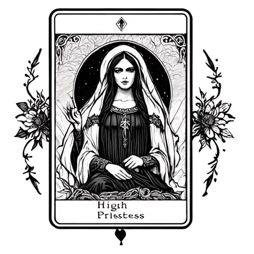 dark, gothic drawing of the tarot card "High Priestess" tattoo design idea