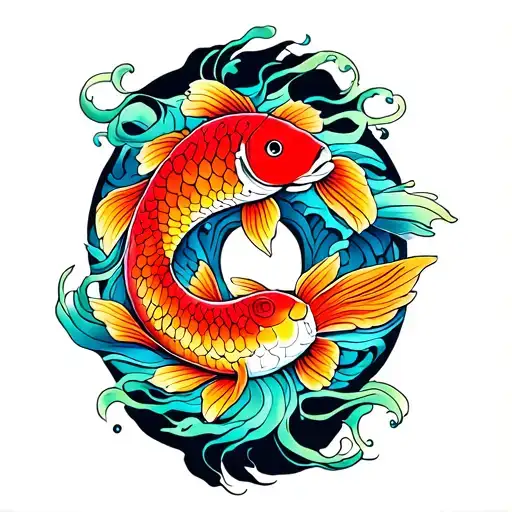 regular line thickness, small back of neck tattoo, koi fish, lines done in rainbow ombre tattoo design idea