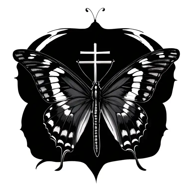 a black butterfly covering a justin bieber cross in the back tattoo design idea