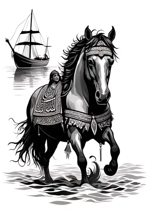 horses, boats, Iraq, mandaean religion symbols in one tattoo design idea