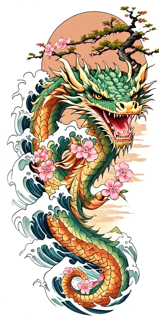 A fierce dragon emerging from the ocean waves with cherry blossom trees in the background tattoo design idea
