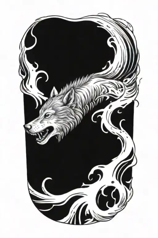 A wolf surrounded by waves, knifes and tears, also a date of birth in roman numbers "MCMLXXXI" tattoo design idea