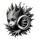 design a deep, meaningful, unique, and aesthetic tattoo for my forearm that combines the Infinity symbol and Baby Groot tattoo design idea