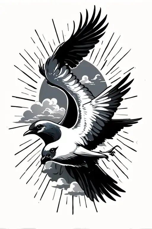 clouds with sun rays and bird flying tattoo design idea