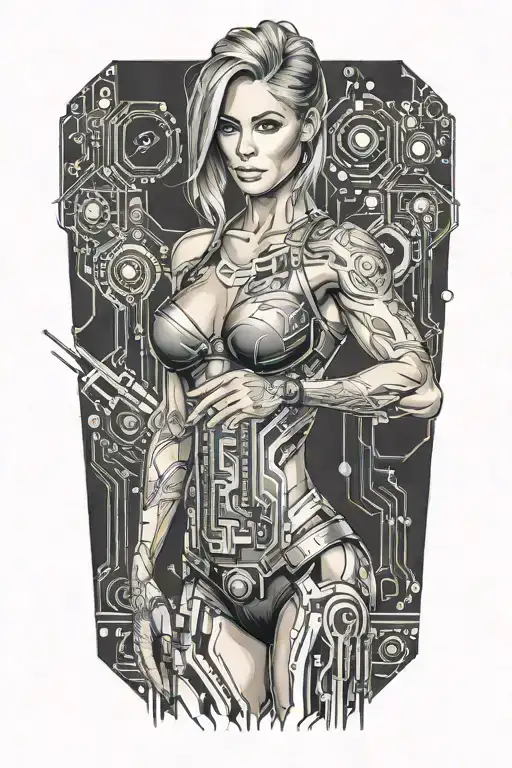 fitness bodybuilder women posing with hand on waist with technology circuits merging tattoo design idea