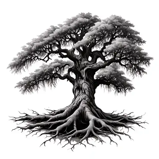 oak tree with Spanish moss roots reaching deep tattoo design idea