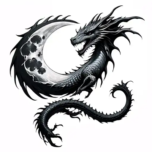 thumb print as moon and mythical dragon  tattoo design idea