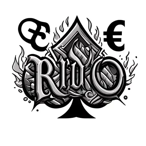 euro symbol , spades symbol , fire , bullets , word rido with unique font tattoo design idea