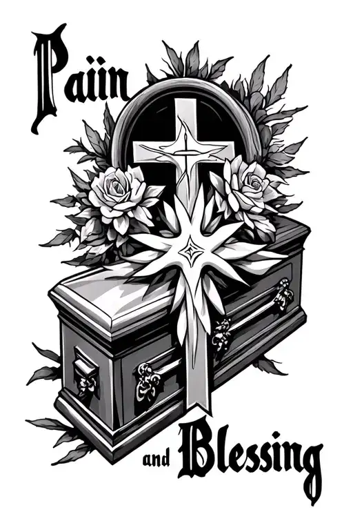 "Pain and Blessing " cross and casket surrounded tattoo design idea