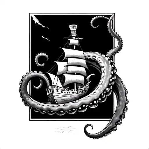 tentacle wrapping around a ship in a bottle tattoo design idea