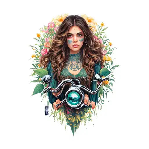 maiden tryptic (of mother and crone) young biker woman spring new beginnings  tattoo design idea