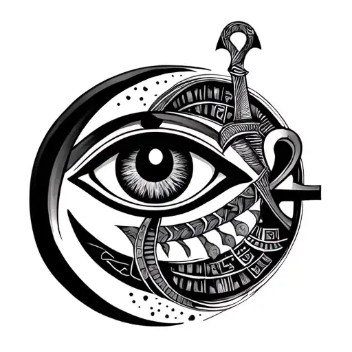  design features a crescent moon combined with the Eye of Horus and an Ankh symbol, blended in a modern, clean, and el tattoo design idea