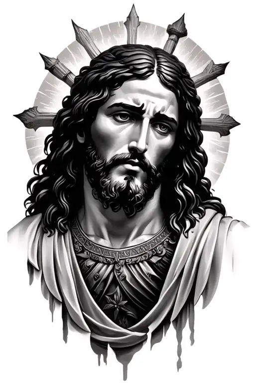 Jesus looking powerful in a nice scenery  tattoo design idea