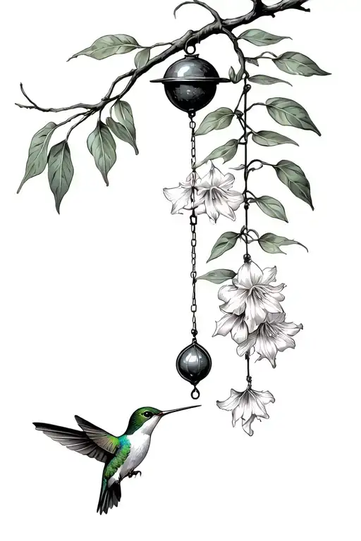 branch with classic metal windchime hanging with philodendron leaves and gladiolus hummingbird getting nectar  tattoo design idea
